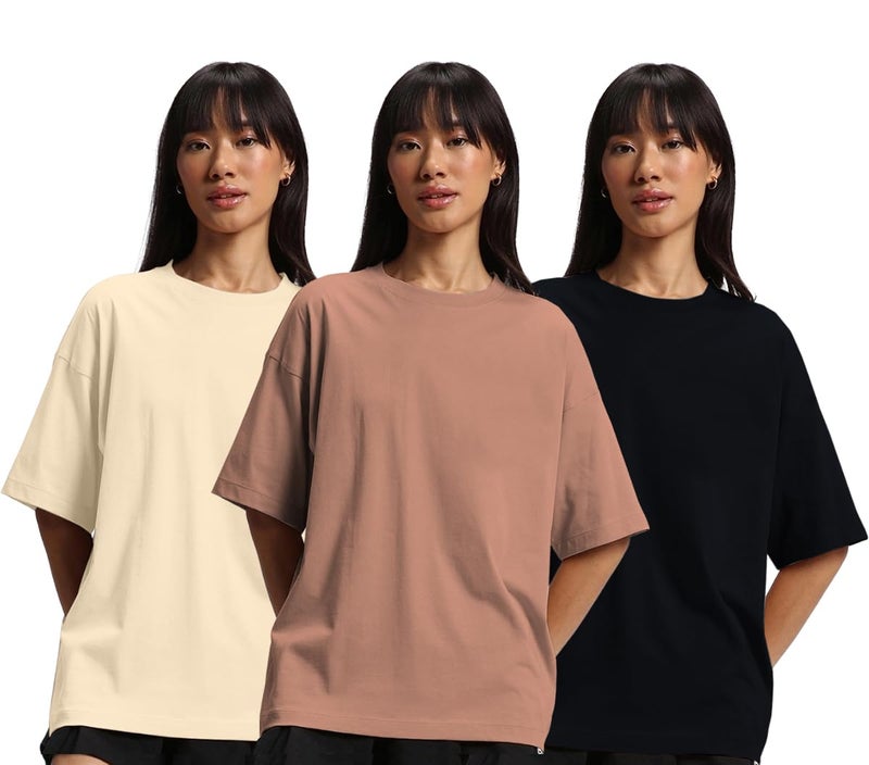 JUNEBERRY® Pure Cotton Drop Shoulder Oversized Baggy Fit Half Sleeve Plain Solid Round Neck Multicolor T-Shirt for Women & Girls (Pack of 3) (PO3_OS_J_BK_SW_CR_S) - Image 1