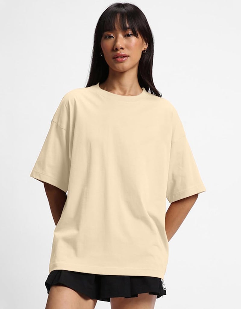 JUNEBERRY® Pure Cotton Drop Shoulder Oversized Baggy Fit Half Sleeve Plain Solid Round Neck Multicolor T-Shirt for Women & Girls (Pack of 3) (PO3_OS_J_BK_SW_CR_S) - Image 2
