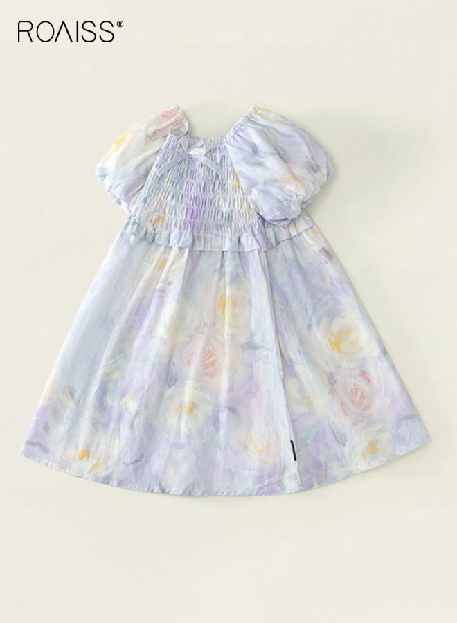 roaiss Girls A Line Dress, Square Neck Puff Sleeve Dress, Stylish Chic Floral Frock for Girls, Suitable for Daily Wear, Birthday Parties or Any Occasion - Image 2