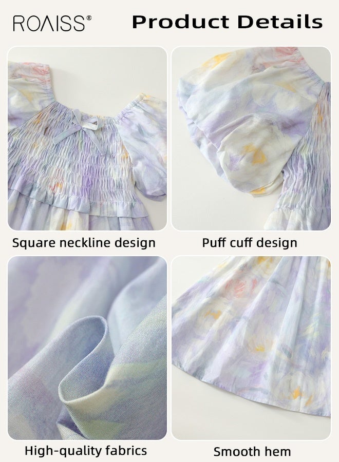 roaiss Girls A Line Dress, Square Neck Puff Sleeve Dress, Stylish Chic Floral Frock for Girls, Suitable for Daily Wear, Birthday Parties or Any Occasion - Image 4
