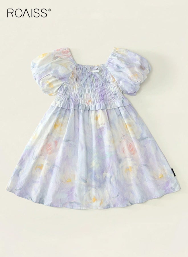 roaiss Girls A Line Dress, Square Neck Puff Sleeve Dress, Stylish Chic Floral Frock for Girls, Suitable for Daily Wear, Birthday Parties or Any Occasion - Image 1