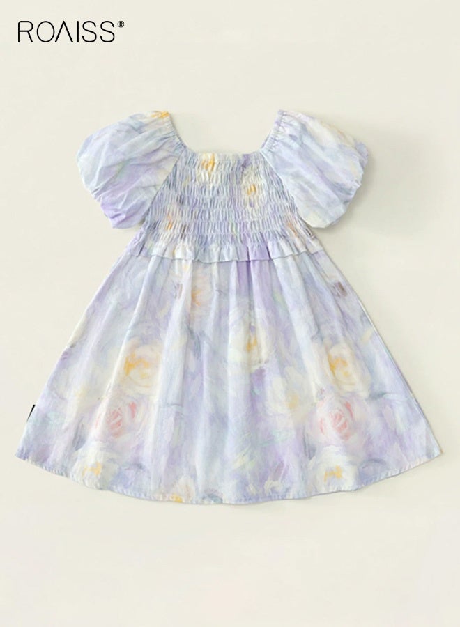 roaiss Girls A Line Dress, Square Neck Puff Sleeve Dress, Stylish Chic Floral Frock for Girls, Suitable for Daily Wear, Birthday Parties or Any Occasion - Image 3