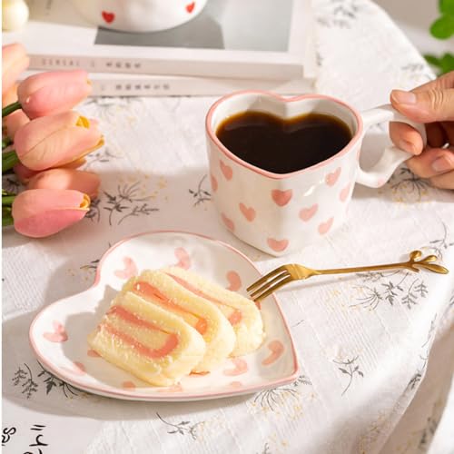 WAIT FLY Heart Shaped Ceramic Coffee Mug Set with Saucer, Tea Cup, Breakfast Cup, Dessert Plate-Pink-8 OZ - Image 3