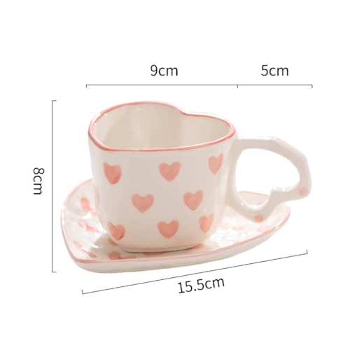 WAIT FLY Heart Shaped Ceramic Coffee Mug Set with Saucer, Tea Cup, Breakfast Cup, Dessert Plate-Pink-8 OZ - Image 2