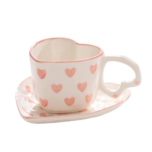 WAIT FLY Heart Shaped Ceramic Coffee Mug Set with Saucer, Tea Cup, Breakfast Cup, Dessert Plate-Pink-8 OZ - Image 1