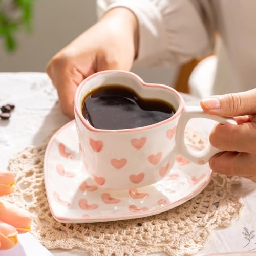 WAIT FLY Heart Shaped Ceramic Coffee Mug Set with Saucer, Tea Cup, Breakfast Cup, Dessert Plate-Pink-8 OZ - Image 4