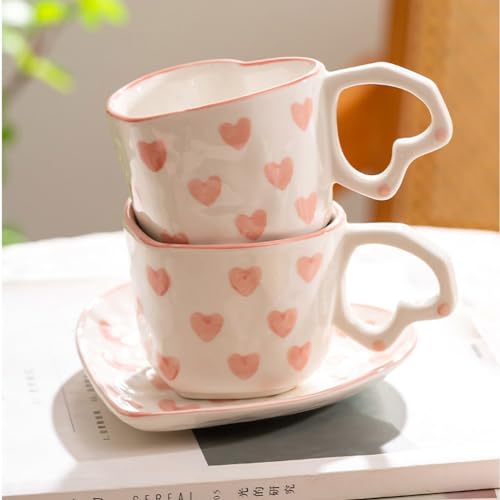 WAIT FLY Heart Shaped Ceramic Coffee Mug Set with Saucer, Tea Cup, Breakfast Cup, Dessert Plate-Pink-8 OZ - Image 5