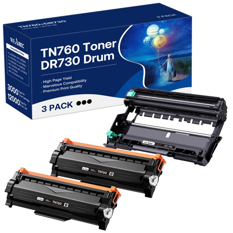 WEAREC TN760 Toner Cartridge and DR730 Drum Unit Replacement for Brother TN-760 TN730 DR730 DR 730 Work with DCP-L2550DW HL-L2350DW HL-L2390DW HL-L2395DW Printer (2 Toners, 1 Drum Unit, 3Pack) - Image 1
