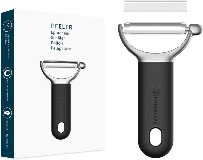 KITCHENDAO Swivel Vegetable Potato Peeler for Kitchen, Japanese Stainless Steel Sharp Blade, Heavy Duty Die-cast Construction Y Peeler, Built-in Eye Remover, Soft-touch Handle, Dishwasher Safe, Black - Image 1