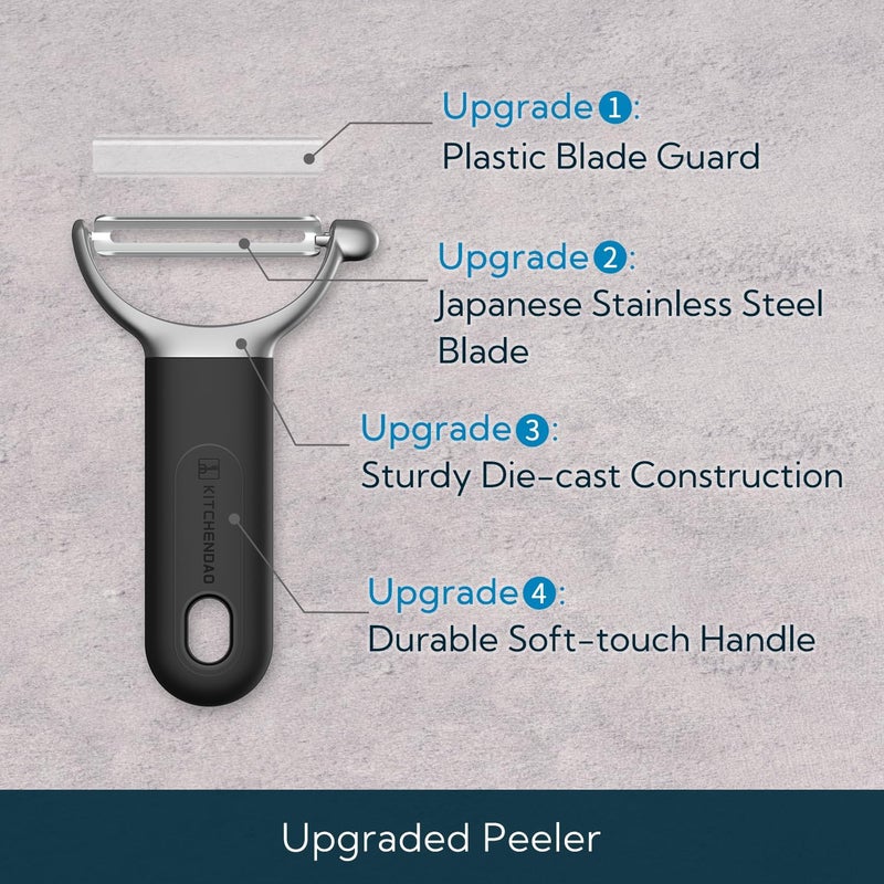 KITCHENDAO Swivel Vegetable Potato Peeler for Kitchen, Japanese Stainless Steel Sharp Blade, Heavy Duty Die-cast Construction Y Peeler, Built-in Eye Remover, Soft-touch Handle, Dishwasher Safe, Black - Image 2
