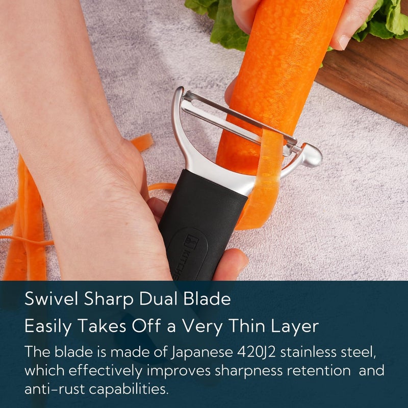 KITCHENDAO Swivel Vegetable Potato Peeler for Kitchen, Japanese Stainless Steel Sharp Blade, Heavy Duty Die-cast Construction Y Peeler, Built-in Eye Remover, Soft-touch Handle, Dishwasher Safe, Black - Image 3
