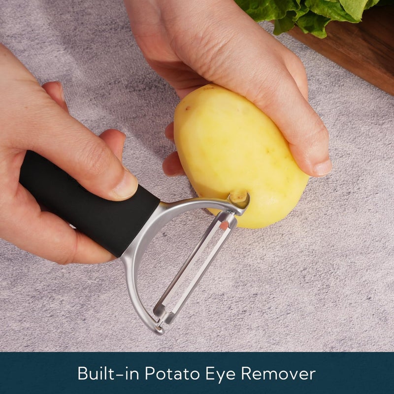KITCHENDAO Swivel Vegetable Potato Peeler for Kitchen, Japanese Stainless Steel Sharp Blade, Heavy Duty Die-cast Construction Y Peeler, Built-in Eye Remover, Soft-touch Handle, Dishwasher Safe, Black - Image 4