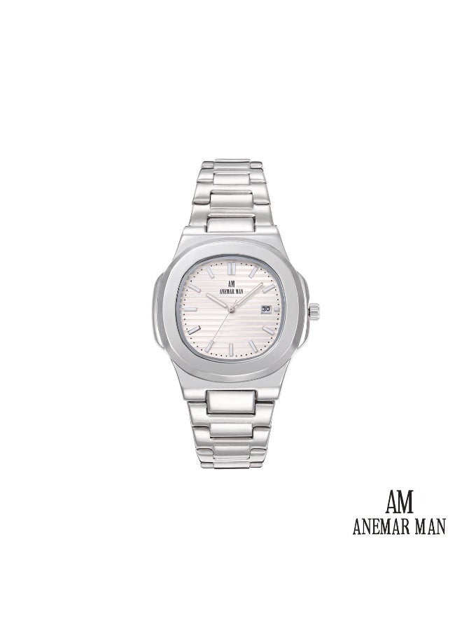 ANEMAR MAN High-quality, water-resistant men's stainless steel wristwatch with a silver strap and white dial.