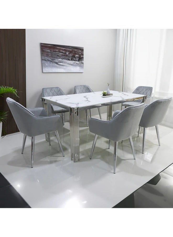 VANITY LIVING Dining Table Set 6 Seater - Seppio Chrome with Leon Grey Chairs  - Image 1