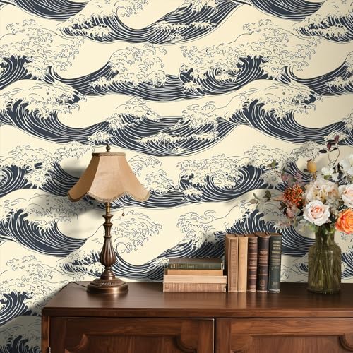 Stickyart Antique Wave Wallpaper Peel and Stick Japanese Ukiyo-E Wave Wallpaper Neutral Self Adhesive Beige Black Coastal Contact Paper Hokusai Ocean Wall Paper for Cabinet Accent Wall 17.5"x80" - Image 1