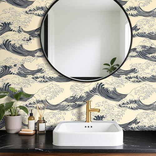 Stickyart Antique Wave Wallpaper Peel and Stick Japanese Ukiyo-E Wave Wallpaper Neutral Self Adhesive Beige Black Coastal Contact Paper Hokusai Ocean Wall Paper for Cabinet Accent Wall 17.5"x80" - Image 5