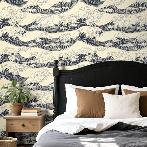 Stickyart Antique Wave Wallpaper Peel and Stick Japanese Ukiyo-E Wave Wallpaper Neutral Self Adhesive Beige Black Coastal Contact Paper Hokusai Ocean Wall Paper for Cabinet Accent Wall 17.5"x80" - Image 3