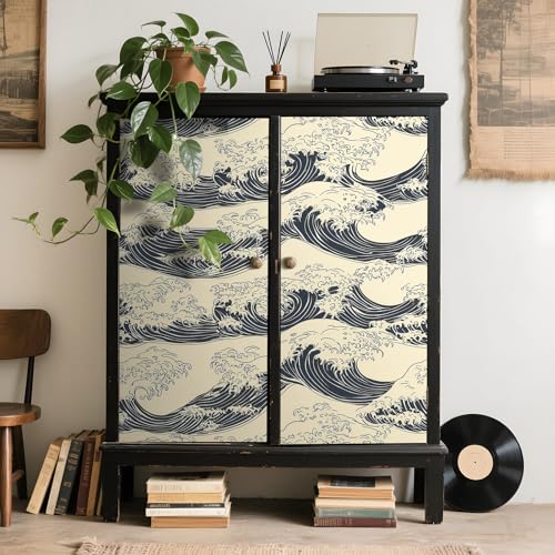 Stickyart Antique Wave Wallpaper Peel and Stick Japanese Ukiyo-E Wave Wallpaper Neutral Self Adhesive Beige Black Coastal Contact Paper Hokusai Ocean Wall Paper for Cabinet Accent Wall 17.5"x80" - Image 4