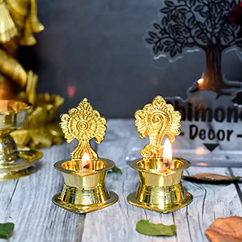 Bhimonee Decor | Brass Diyas for Pooja Set of 2 | Shanku Chakra Kamakshi Deepalu Brass Diya Set | Handcrafted in India | Pure Brass | Dimensions: 3 Inches | 200gm per Set | - Image 1