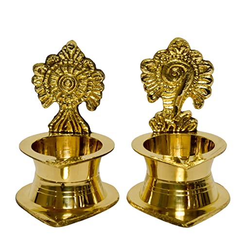 Bhimonee Decor | Brass Diyas for Pooja Set of 2 | Shanku Chakra Kamakshi Deepalu Brass Diya Set | Handcrafted in India | Pure Brass | Dimensions: 3 Inches | 200gm per Set | - Image 2