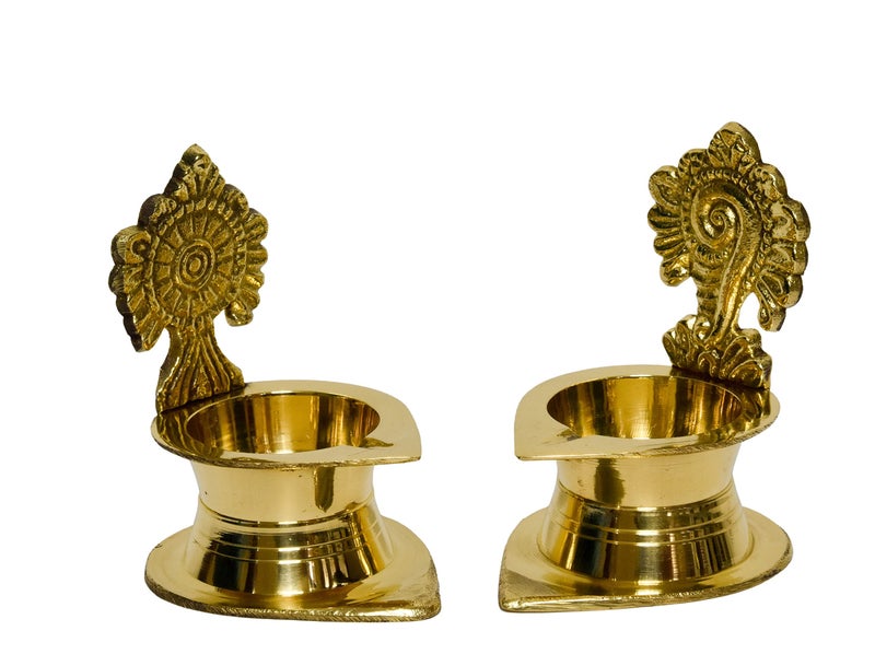 Bhimonee Decor | Brass Diyas for Pooja Set of 2 | Shanku Chakra Kamakshi Deepalu Brass Diya Set | Handcrafted in India | Pure Brass | Dimensions: 3 Inches | 200gm per Set | - Image 3