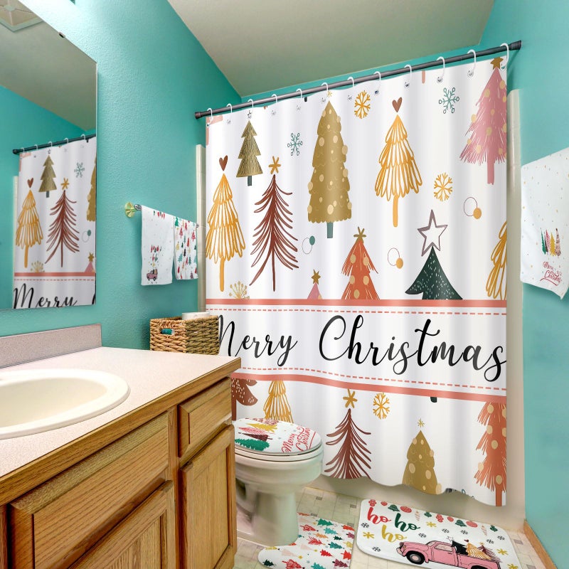 Newwiee Newwiee 7 Pcs Christmas Shower Curtain Set Boho Themed Bathroom Decor Shower Curtain and Mats Towels Toilet Mat Waterproof Watercolor Bath Curtain Accessories - Image 5