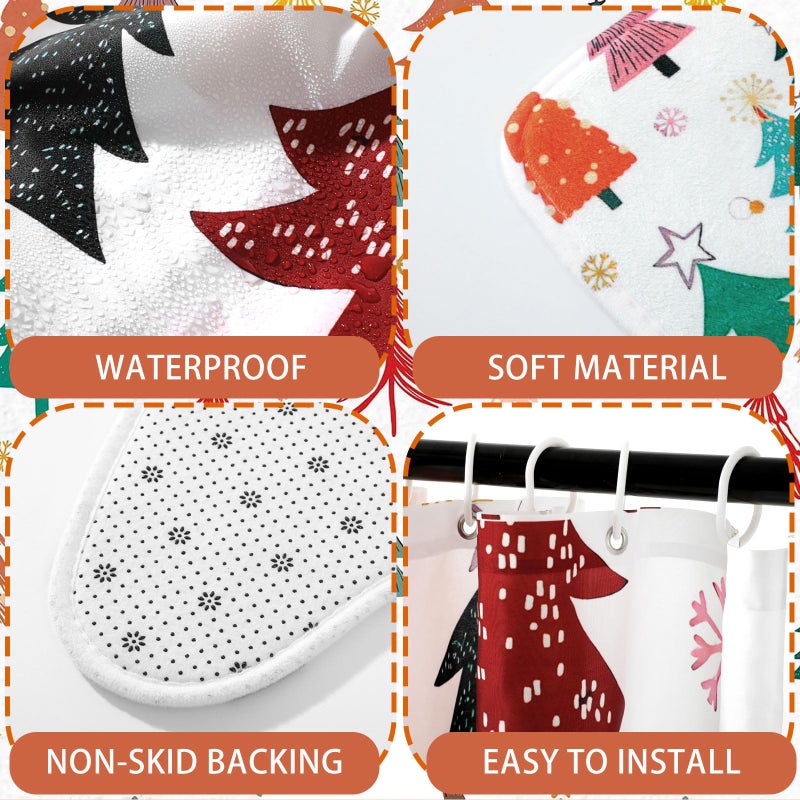 Newwiee Newwiee 7 Pcs Christmas Shower Curtain Set Boho Themed Bathroom Decor Shower Curtain and Mats Towels Toilet Mat Waterproof Watercolor Bath Curtain Accessories - Image 4
