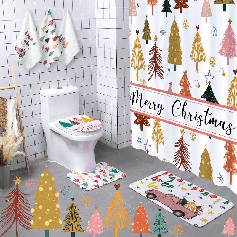 Newwiee Newwiee 7 Pcs Christmas Shower Curtain Set Boho Themed Bathroom Decor Shower Curtain and Mats Towels Toilet Mat Waterproof Watercolor Bath Curtain Accessories - Image 1