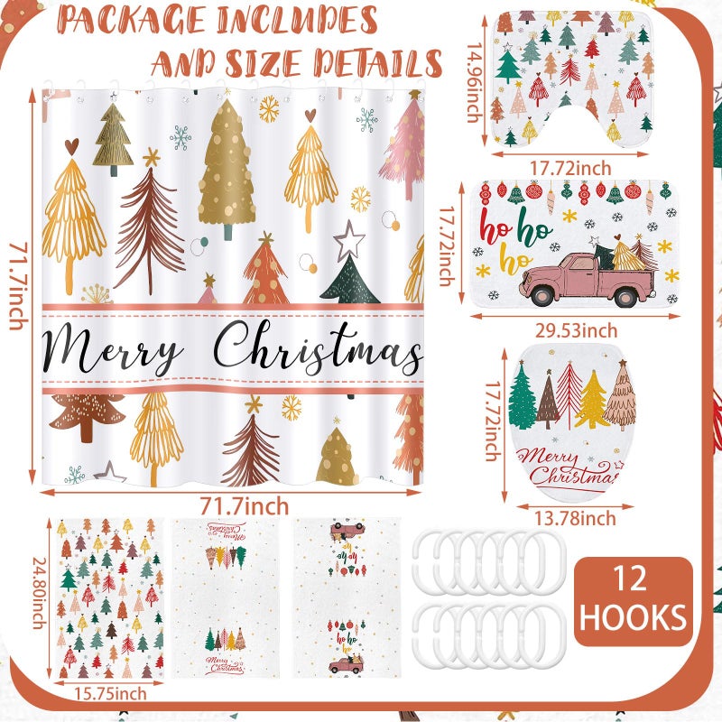 Newwiee Newwiee 7 Pcs Christmas Shower Curtain Set Boho Themed Bathroom Decor Shower Curtain and Mats Towels Toilet Mat Waterproof Watercolor Bath Curtain Accessories - Image 3