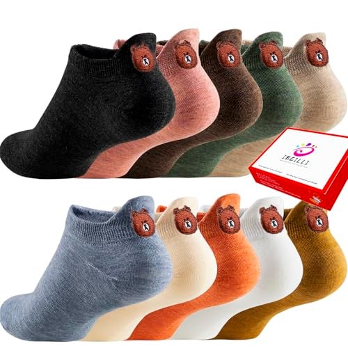 IBEILLI Women Cute Socks 10 Pairs Cotton Kawaii Embroidered Funny Low Cut Ankle Socks for Women Girls (10 Pack Bear with Gift Box) - Image 1