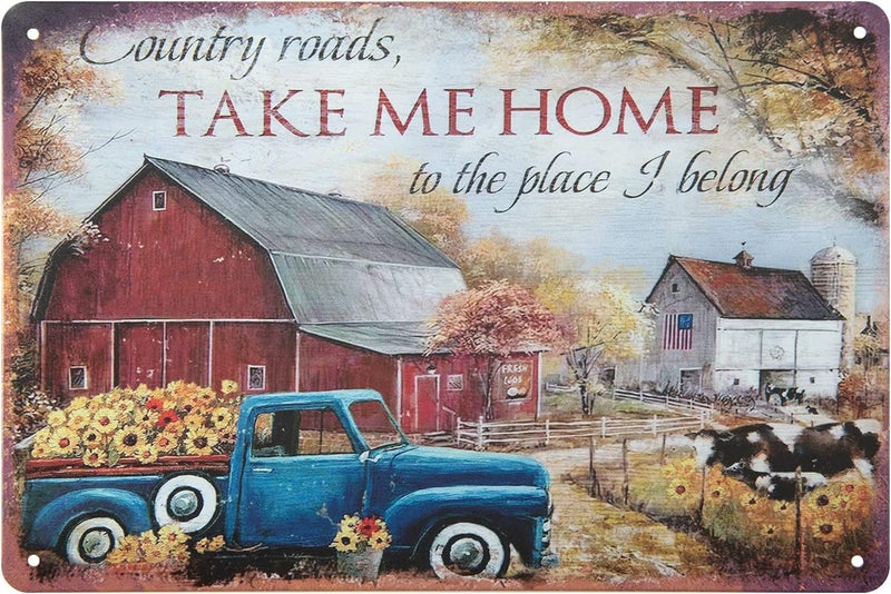 ERLOOD Country Roads Take Me Home to The Place I Belong Vintage Funny Home decor Tin Sign Retro Metal Bar Pub Poster8x12 - Image 1
