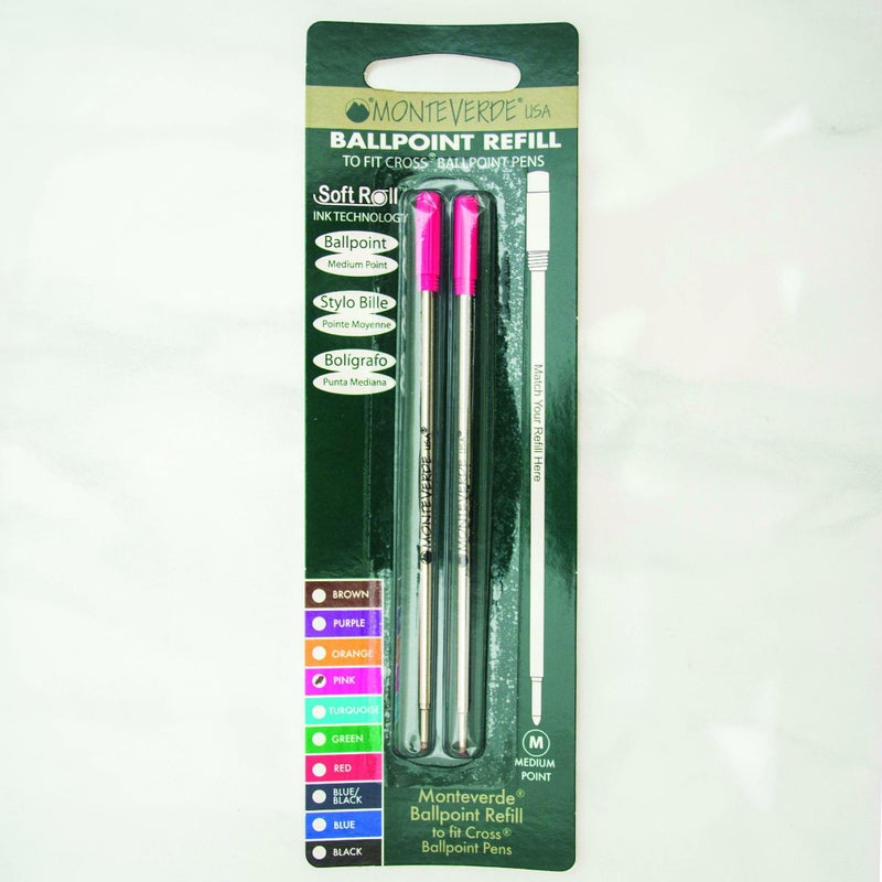 Monteverde Ballpoint Refill to Fit Cross Ballpoint Pens, Medium Point, Soft Roll, Pink, 2 per Pack (C132PK) - Image 1