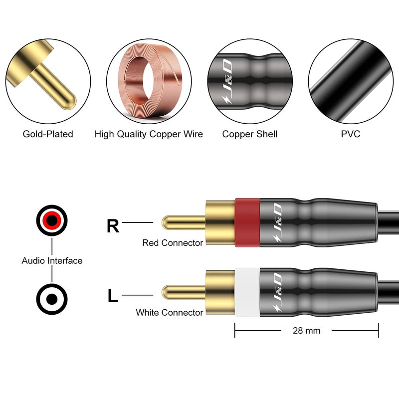 J&D RCA Cable, 2 RCA Male to Male Stereo Audio Cable, Gold-Plated Copper Shell, Heavy Duty, Compatible with Speaker, Amplifier, Subwoofer, 3 Feet - Image 2