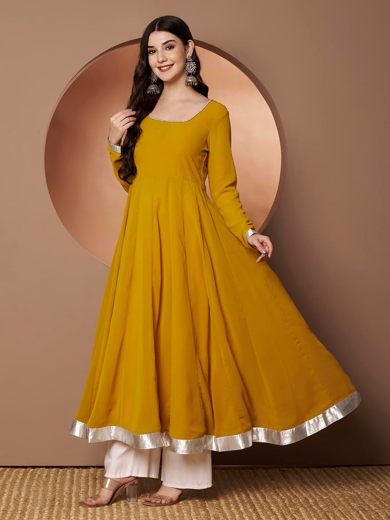 KZA Women's Georgette Hand Embroidered Flared Anarkali Kurta Suit with Full Sleeves for Ethnic Wear Yellow - Image 3