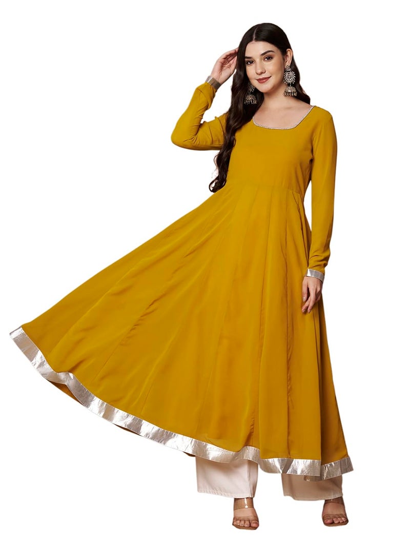 KZA Women's Georgette Hand Embroidered Flared Anarkali Kurta Suit with Full Sleeves for Ethnic Wear Yellow - Image 1