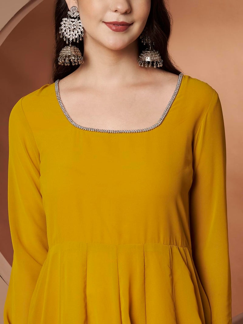 KZA Women's Georgette Hand Embroidered Flared Anarkali Kurta Suit with Full Sleeves for Ethnic Wear Yellow - Image 5