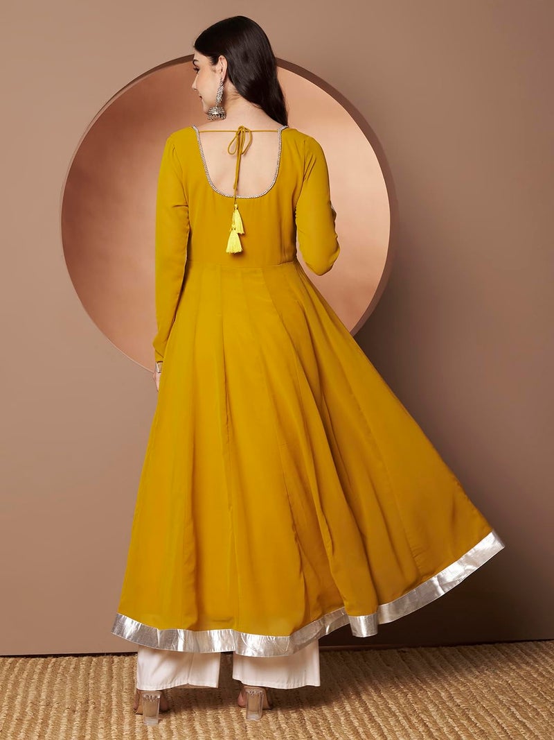 KZA Women's Georgette Hand Embroidered Flared Anarkali Kurta Suit with Full Sleeves for Ethnic Wear Yellow - Image 4