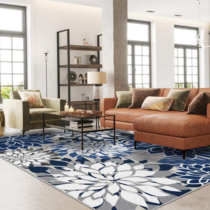 Arenarug 5x8 Outdoor Area Rug Washable Multicolored Patio Rug Tropical Botanical Floral Chenille Waterproof Outdoor Carpet for Living Room, Deck, Backyard, Porch, Blue - Image 2