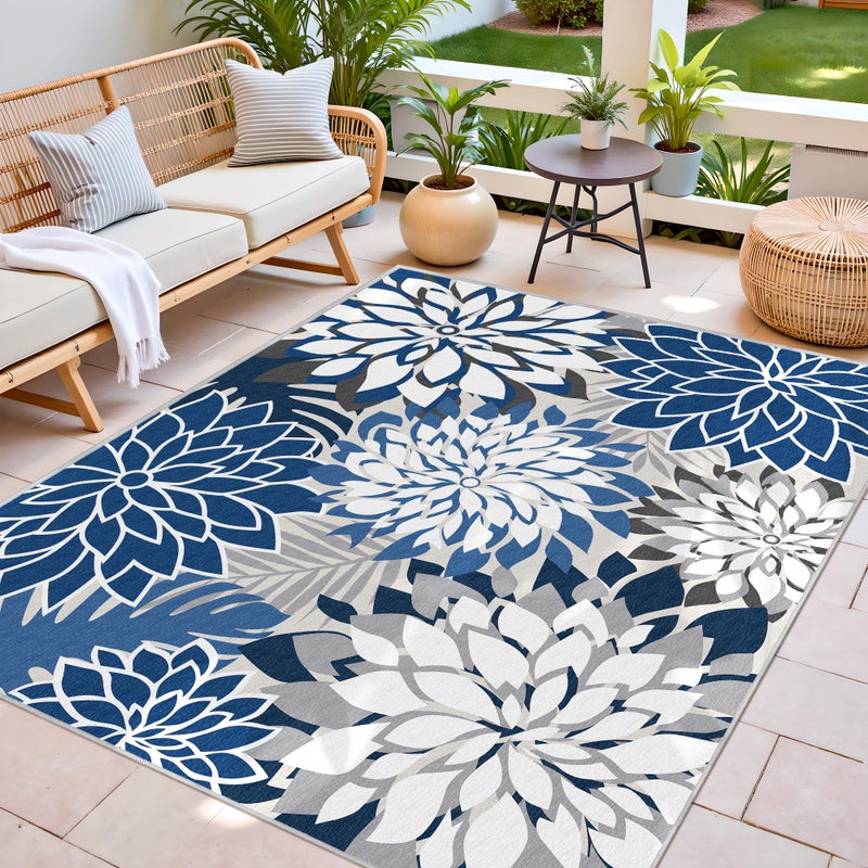 Arenarug 5x8 Outdoor Area Rug Washable Multicolored Patio Rug Tropical Botanical Floral Chenille Waterproof Outdoor Carpet for Living Room, Deck, Backyard, Porch, Blue - Image 3