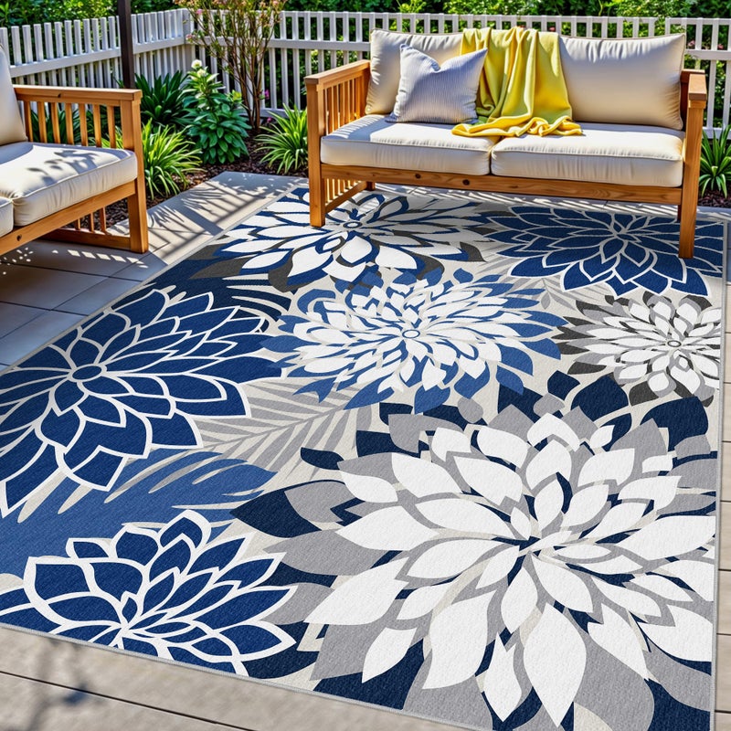 Arenarug 5x8 Outdoor Area Rug Washable Multicolored Patio Rug Tropical Botanical Floral Chenille Waterproof Outdoor Carpet for Living Room, Deck, Backyard, Porch, Blue - Image 1