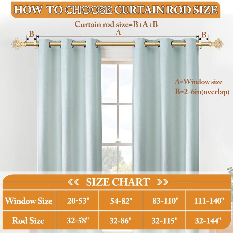 TONIAL 2 Pack Curtain Rods 32 to 58 Inch, Telescoping Splicing 3/4 Single Rods for Windows 20 to 53 Inch, Decorative Drapery Rod with Translucent Diamond Finial, Luxury Gold - Image 5