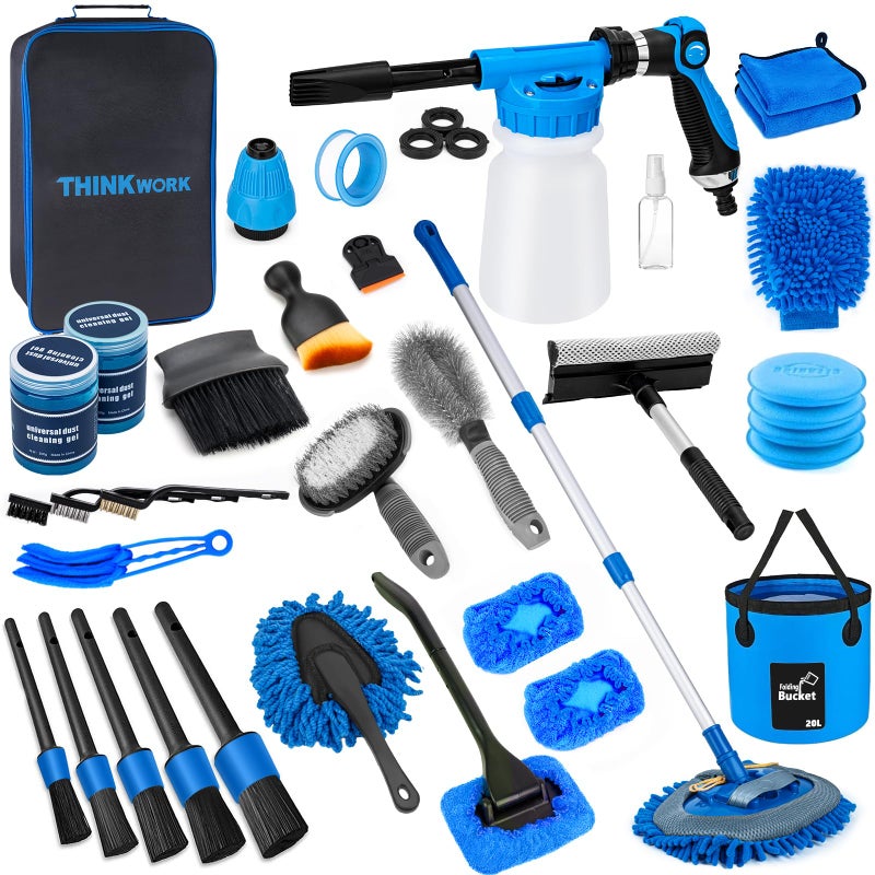 THINKWORK Car Wash Kit, Car Detailing Kit with Foam Gun, Car Wash Brush Mop and Large Folding Bucket Suitable for Car Cleaning, Blue Car Wash Set Gift for Men and Women - Image 1