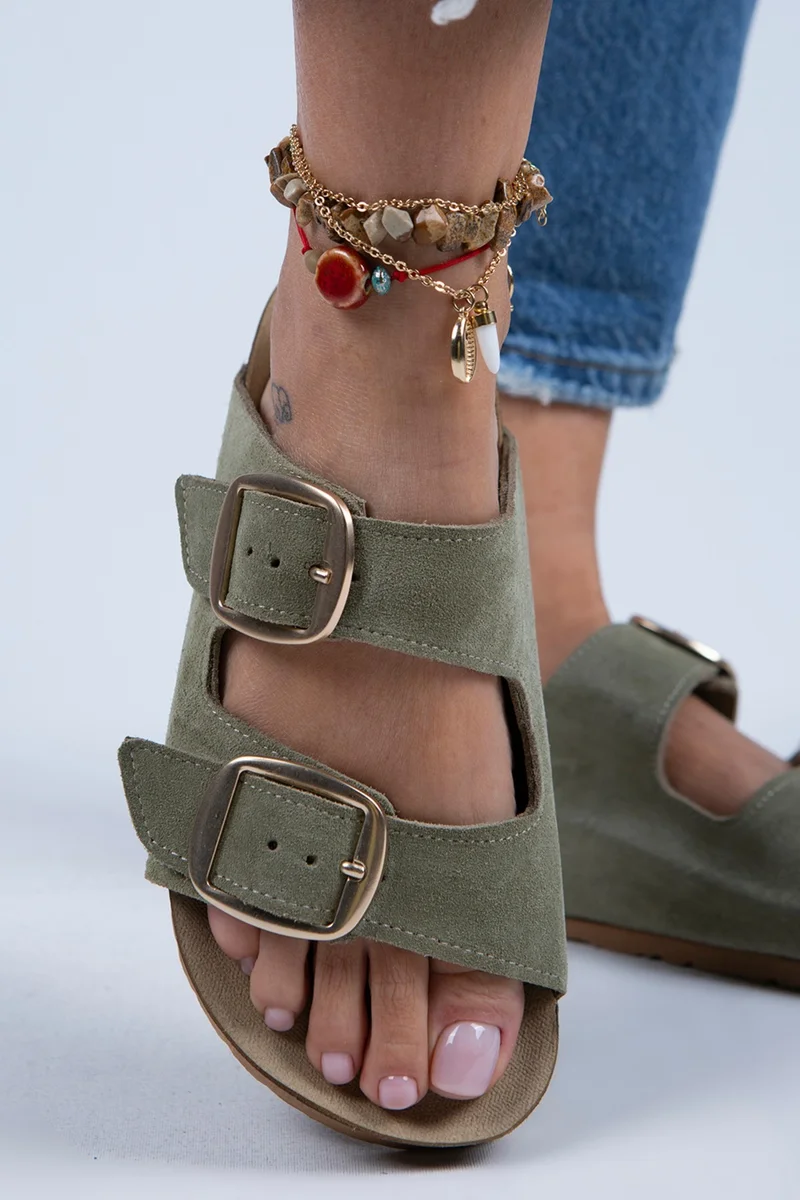 Manijero Manijero Irene Women's Genuine Leather Double Buckle Sea Green - Gold Slippers