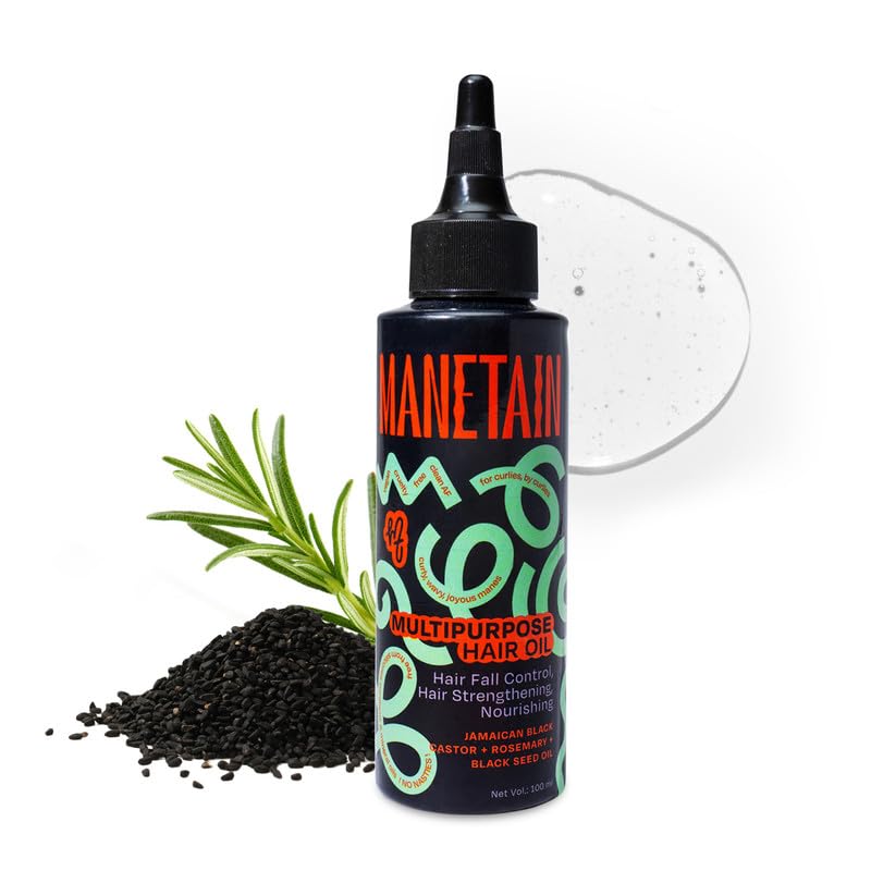 MANETAIN Multipurpose Hair Oil 100ml for Curly Hair, Wavy Hair | Nourishing Elixir for Hair Fall | Frizz-fighting & Strengthening with Jamaican Black Castor, Rosemary & Black Seed Oils | Multipurpose Hair Oil with 12 Natural Oils | Lightweight, Non-Greasy Formula - Image 1