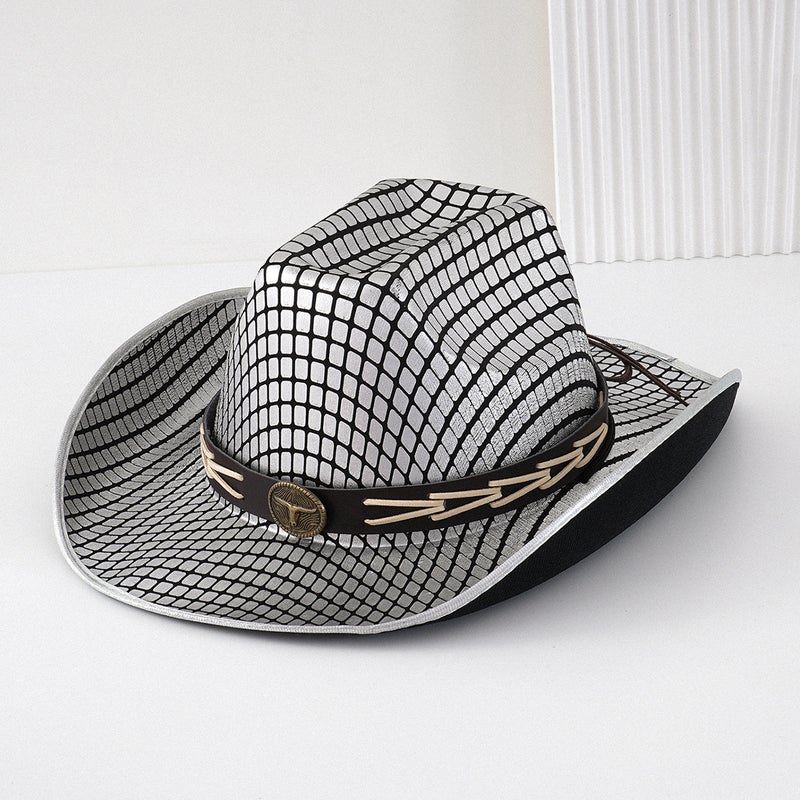 Explosive Men'S And Women'S Light Luxury Retro Web Pattern Topper Hat Texturized Niutou Metal Leather Belt Sun Protection Travel Ball - Image 1