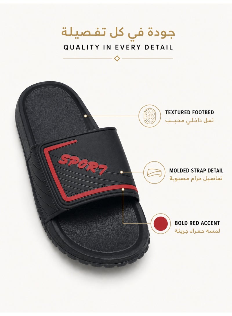 Men's Black and Red Sport Slide Sandals, Open-Toe Slip-On Slippers with Wide Strap, Textured Footbed and Thick Sole for Indoor Outdoor Wear - Image 3