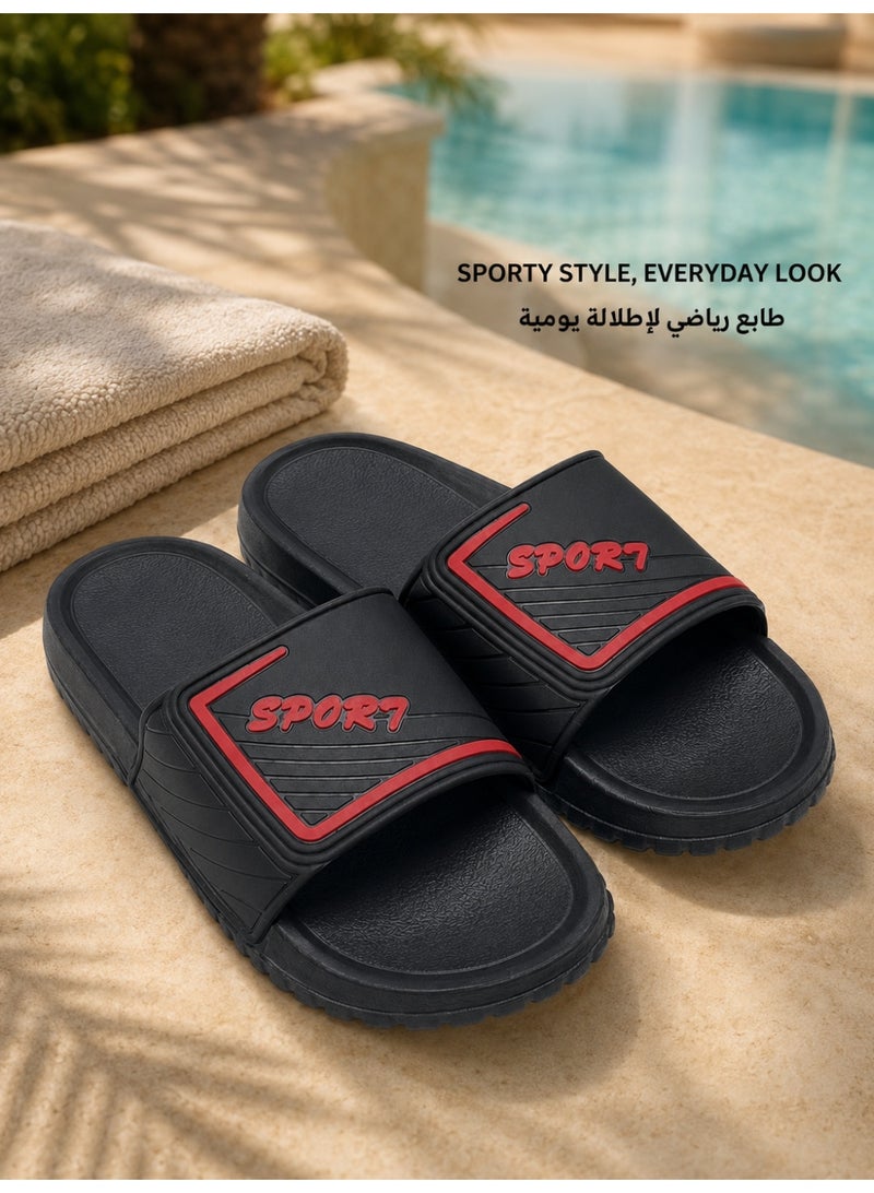 Men's Black and Red Sport Slide Sandals, Open-Toe Slip-On Slippers with Wide Strap, Textured Footbed and Thick Sole for Indoor Outdoor Wear - Image 5