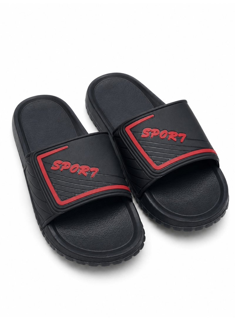 Men's Black and Red Sport Slide Sandals, Open-Toe Slip-On Slippers with Wide Strap, Textured Footbed and Thick Sole for Indoor Outdoor Wear - Image 1