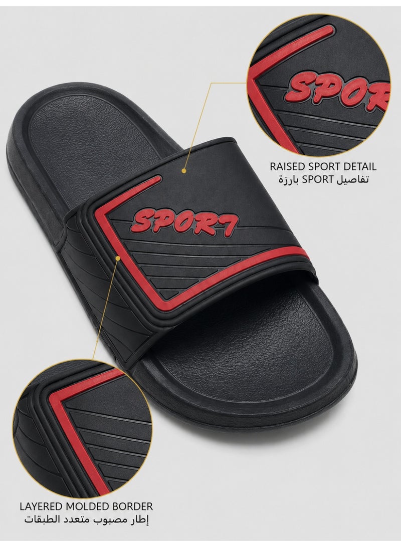 Men's Black and Red Sport Slide Sandals, Open-Toe Slip-On Slippers with Wide Strap, Textured Footbed and Thick Sole for Indoor Outdoor Wear - Image 4