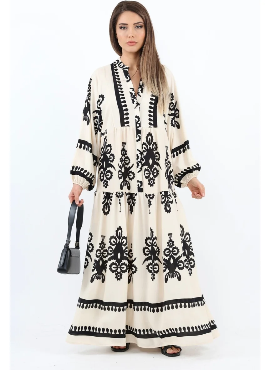ريتنيس Prive Women's Shawl Pattern Maxi Length Viscose Cream Black Long Dress